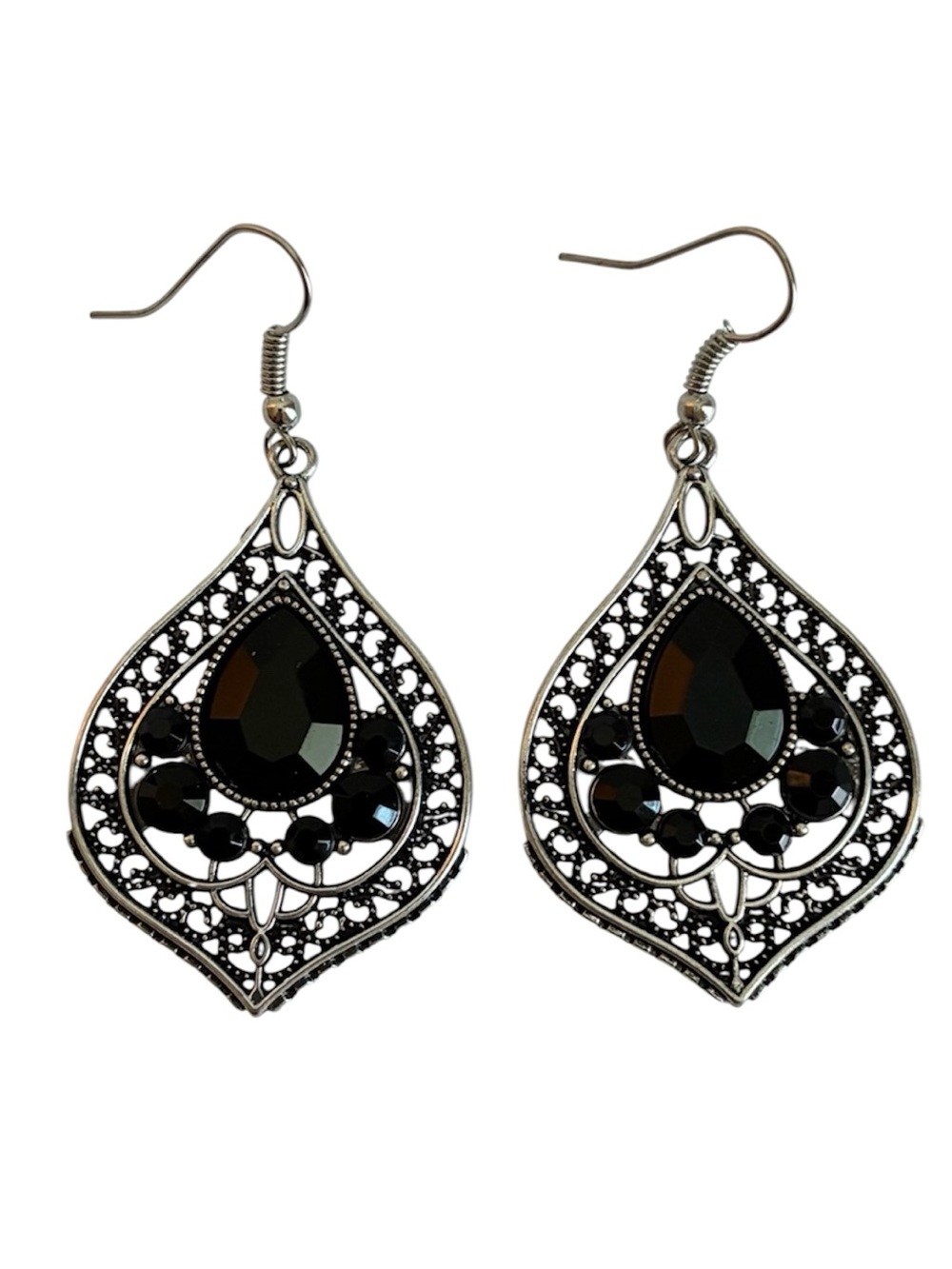 Vintage Silver-Tone Black Teardrop Filigree Dangle Earrings
